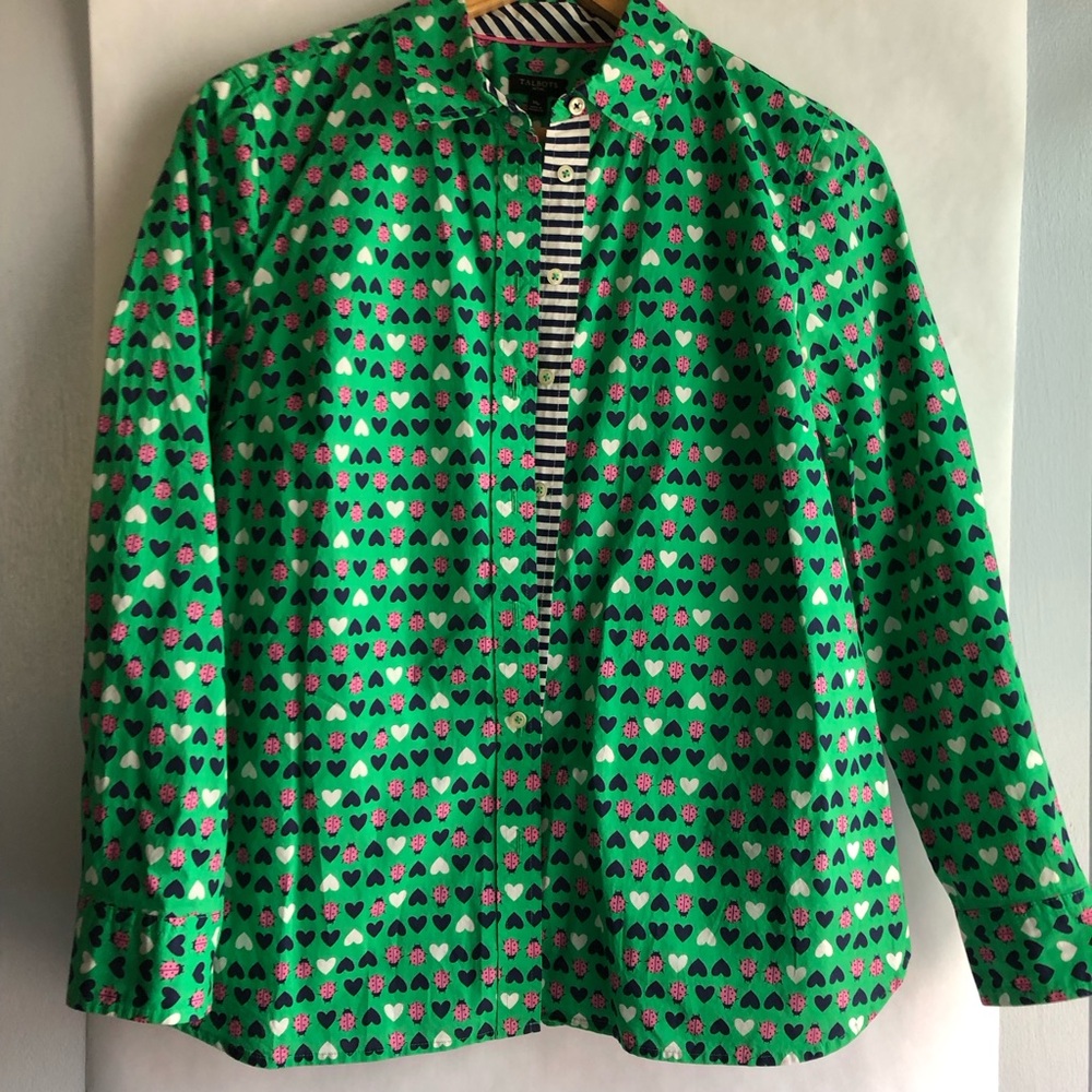 Talbots Green Shirt with Pink Ladybug & Navy Heart Print